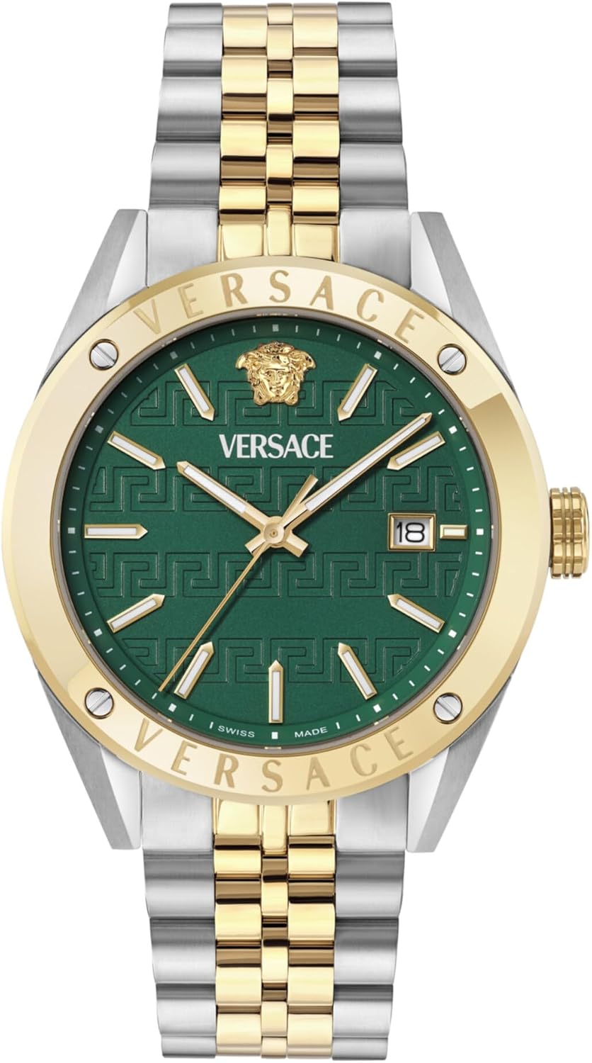 Versace Athletic Collection Luxury Mens Watch Timepieces with a Two Tone Bracelet and Case Featuring a Green Dial