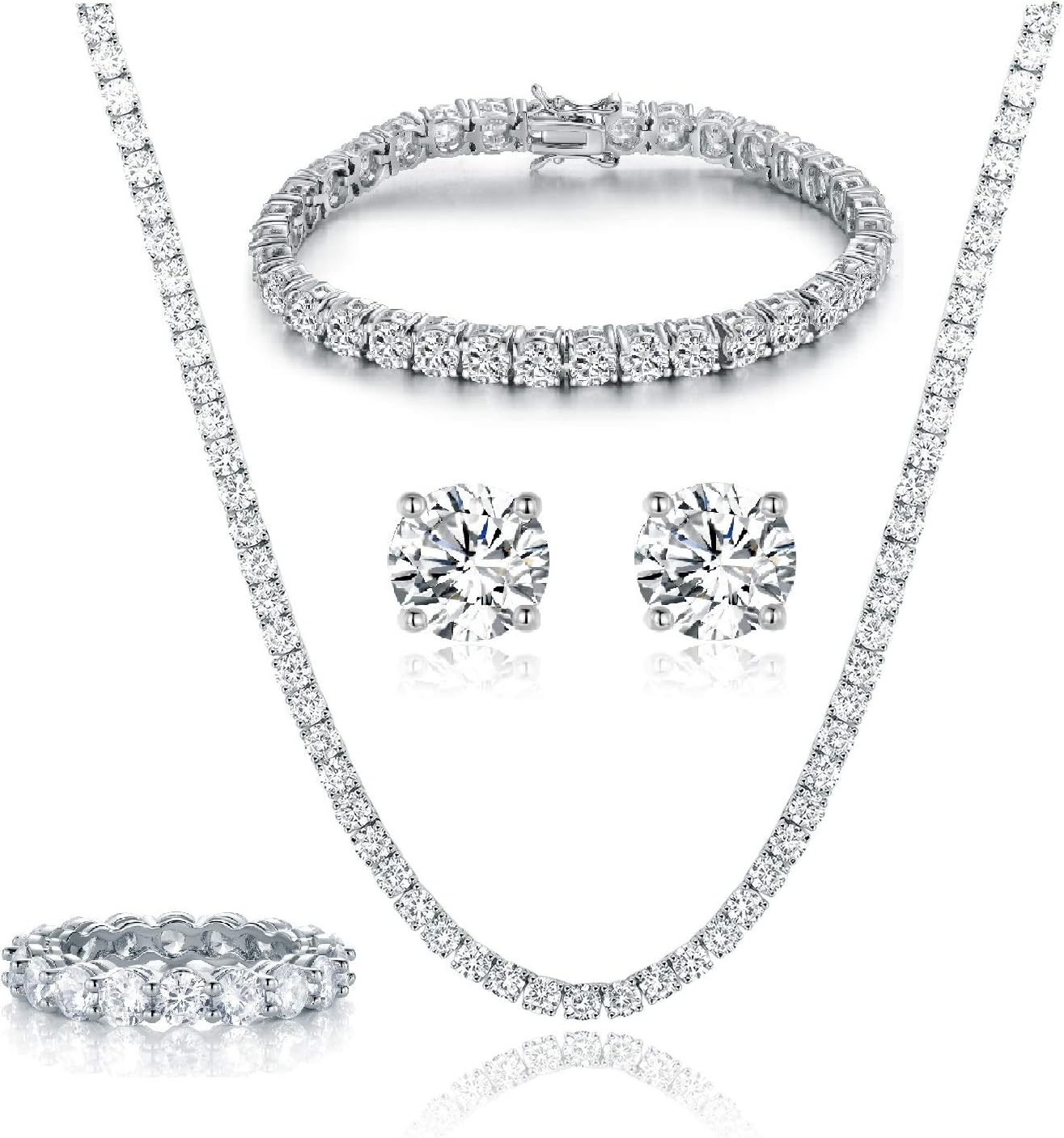 Gemsme 18K White Gold Plated Tennis Necklace/Bracelet/Earrings/Band Ring Sets Hypoallergenic Jewelry Pack of 4
