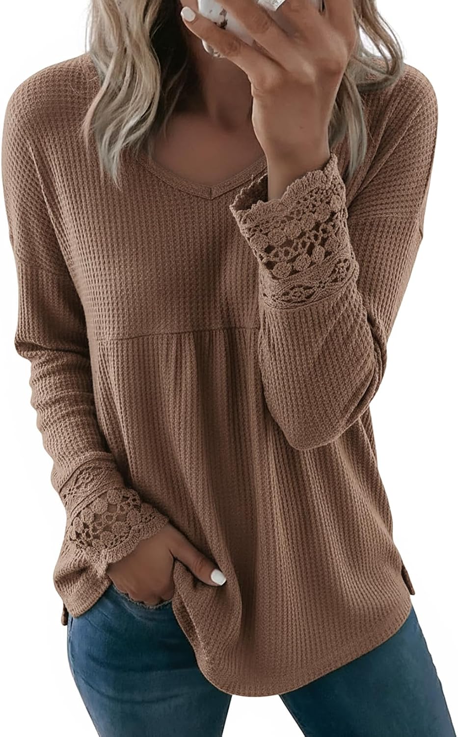 Dokotoo Women's Tops Casual V Neck Long Sleeve Waffle Knit Textured Lace Hollow Out Shirts Loose Tunic Tops Blouses