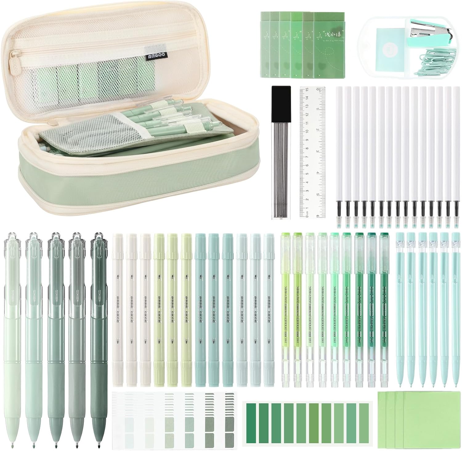Eersida 74 Pcs Aesthetic School Supplies with Large Pencil Pouch 5 Ink Gel Pens 12 Highlighters 6 Mechanical Pencils 0.5mm 9 Color Pens 4 Note Pads Set for Student Stationary (Green,Nature Style)