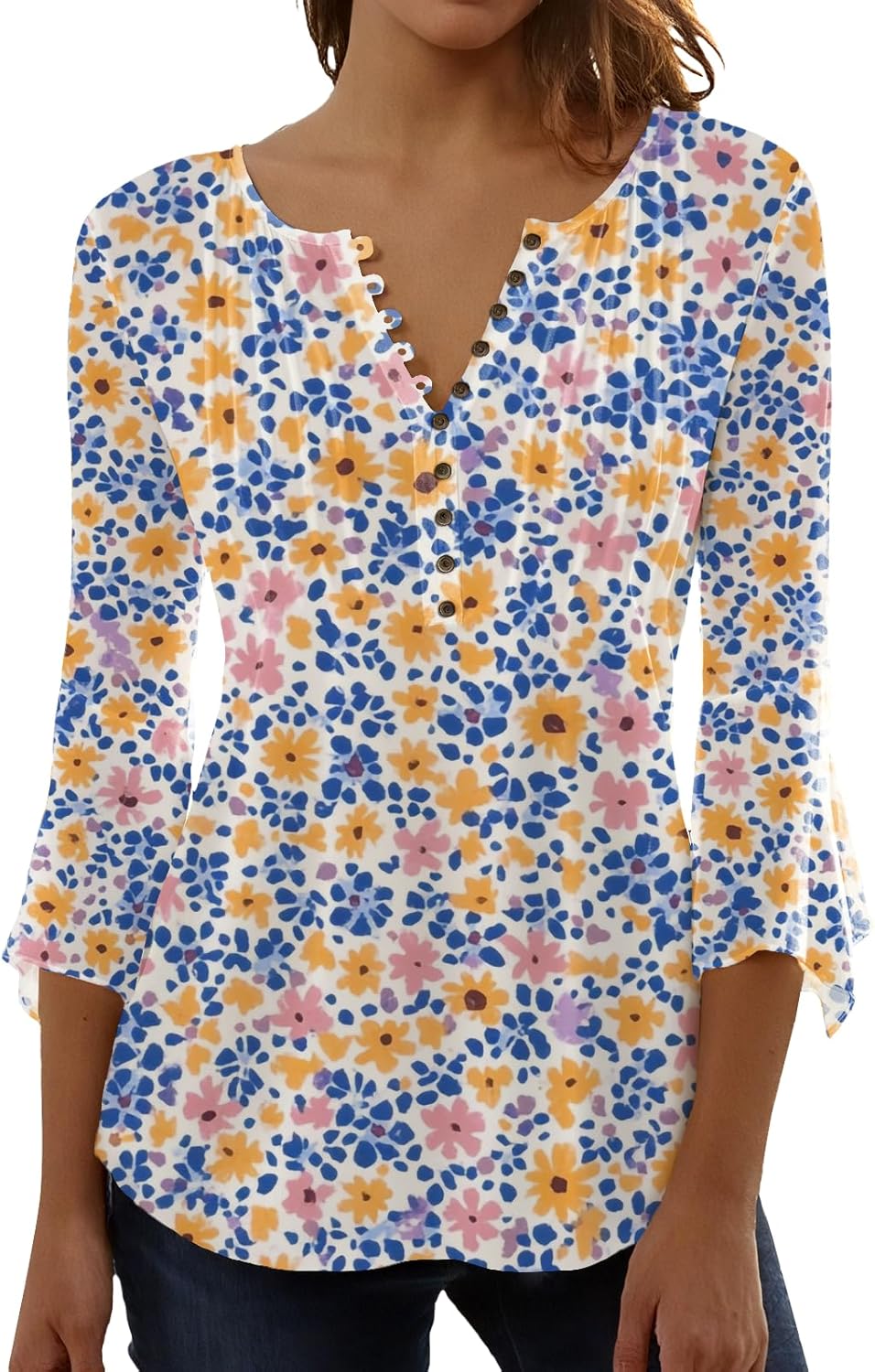 Trendy Tops for Women 3/4 Length Sleeve Button Up Pleated V Neck T Shirts Comfy Boho Floral Casual Blouse