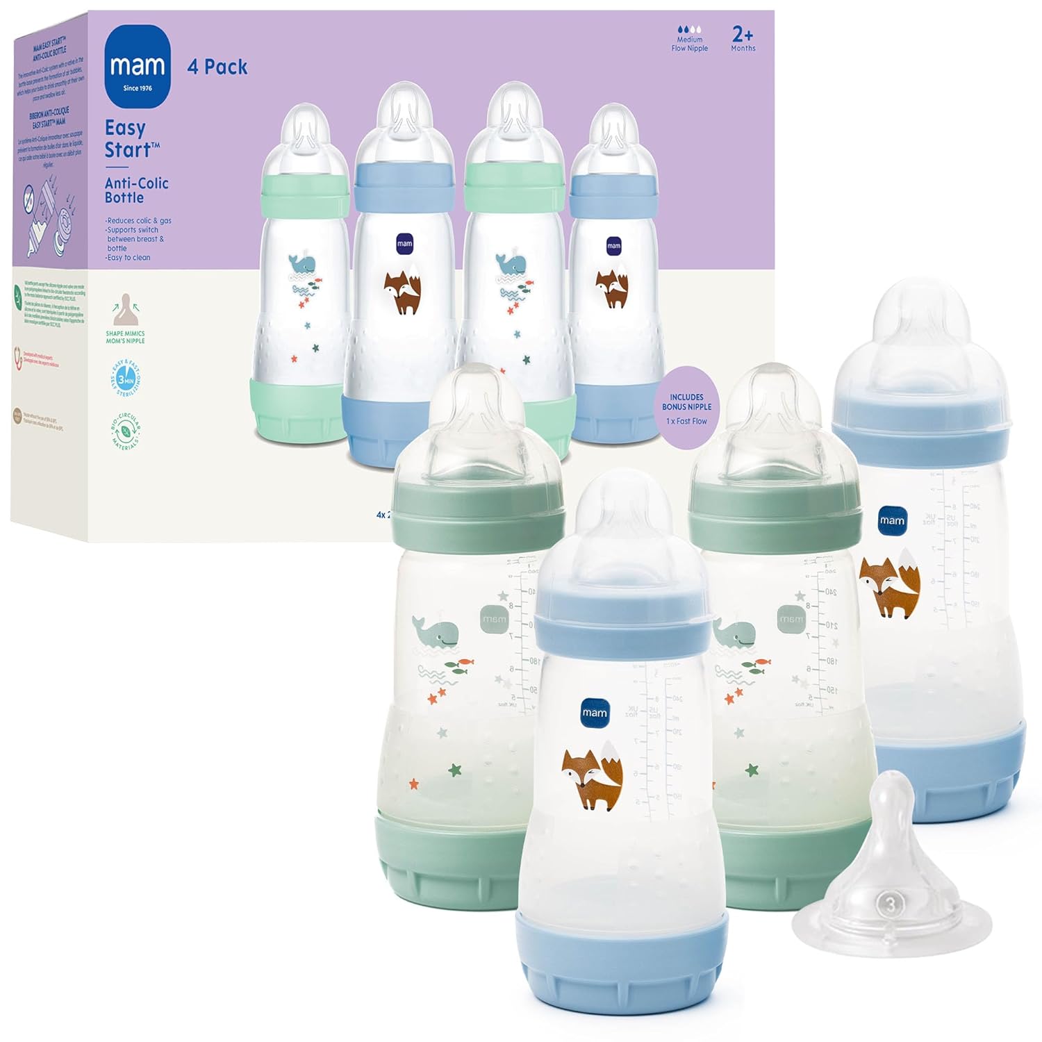 MAM 9oz Easy Start Anti-Colic Wide Neck Baby Bottle, Medium Flow Breastfeeding-Like Nipple, Reduces Colic Gas & Reflux, Easy to Clean, BPA Free, 2+ Months, Bonus Fast Flow Nipple, 4 Pack