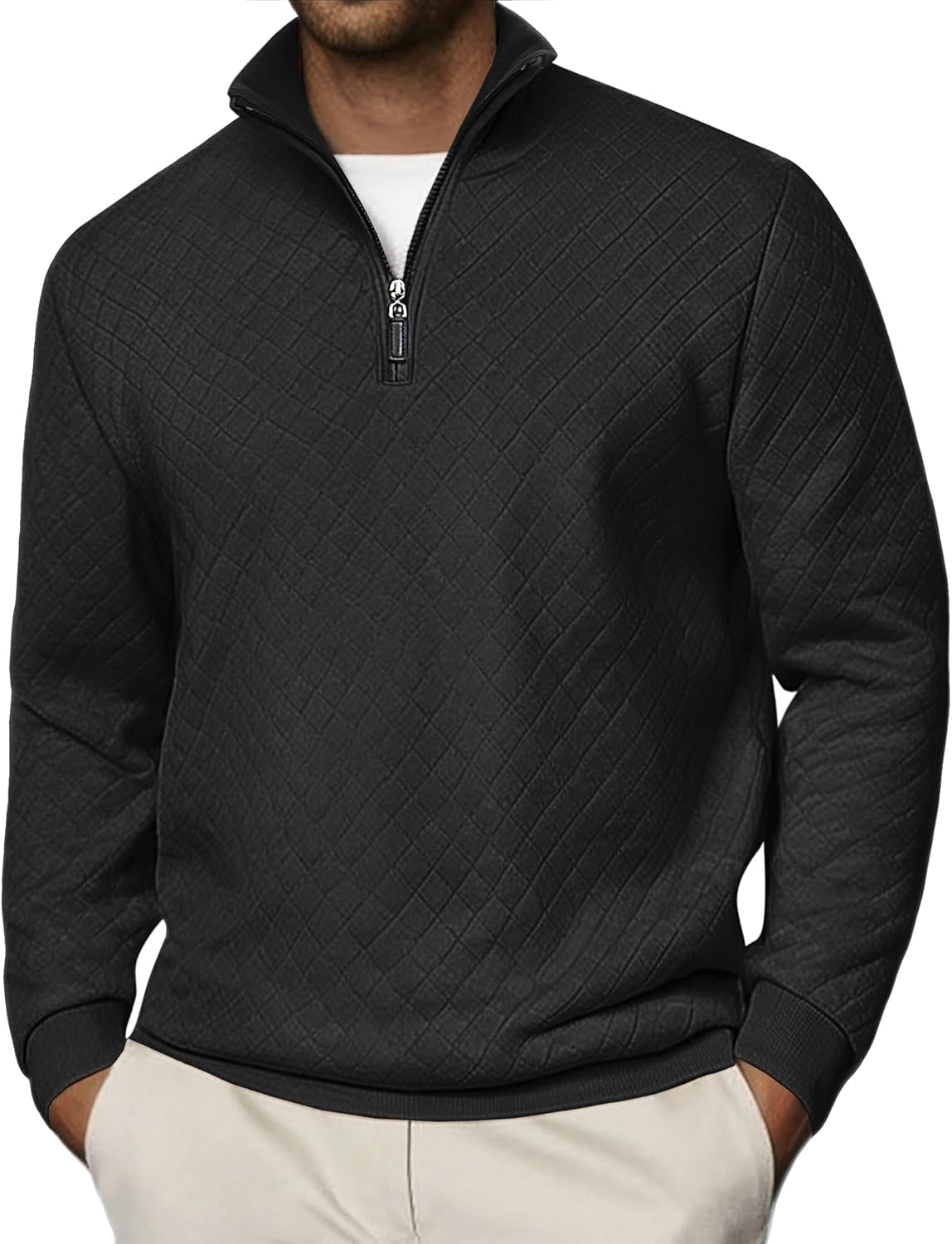 COOFANDY Men Quarter Zip Pullover Long Sleeve Quilted Sweatshirt Waffle Casual Collared Sweatshirts Mock Neck Winter Polo