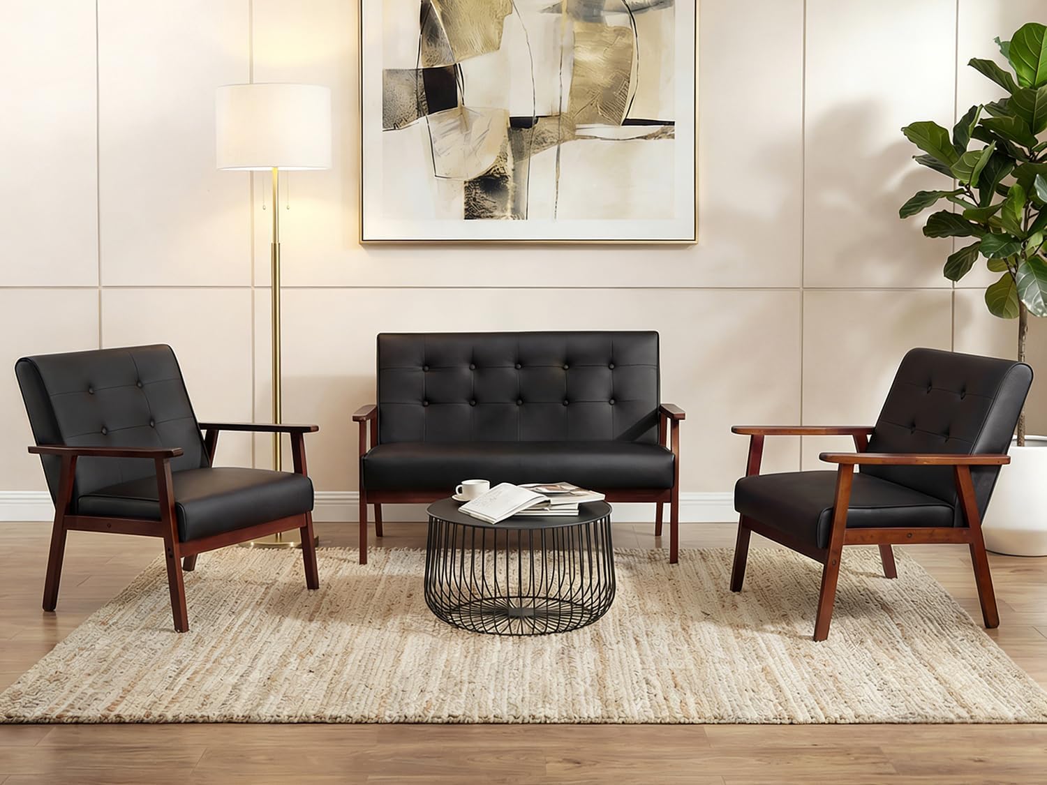 JIASTING Wooden Loveseat Sofa and Accent Chair Set of 2, Office | Mid Century Modern, Tufted Backrest, Leather, 3 Pieces Living Room Furniture Set