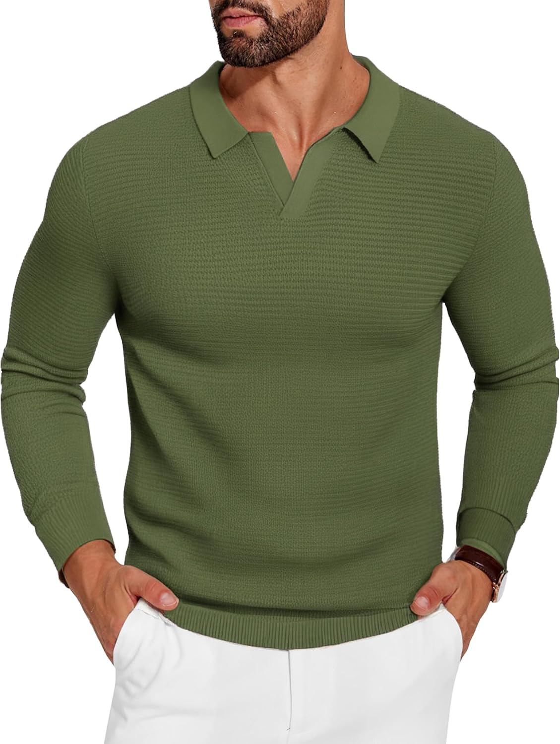 COOFANDY Mens Knit Polo Sweater V-Neck Long Sleeve Textured Lightweight Casual Dress Pullover Fall Sweaters