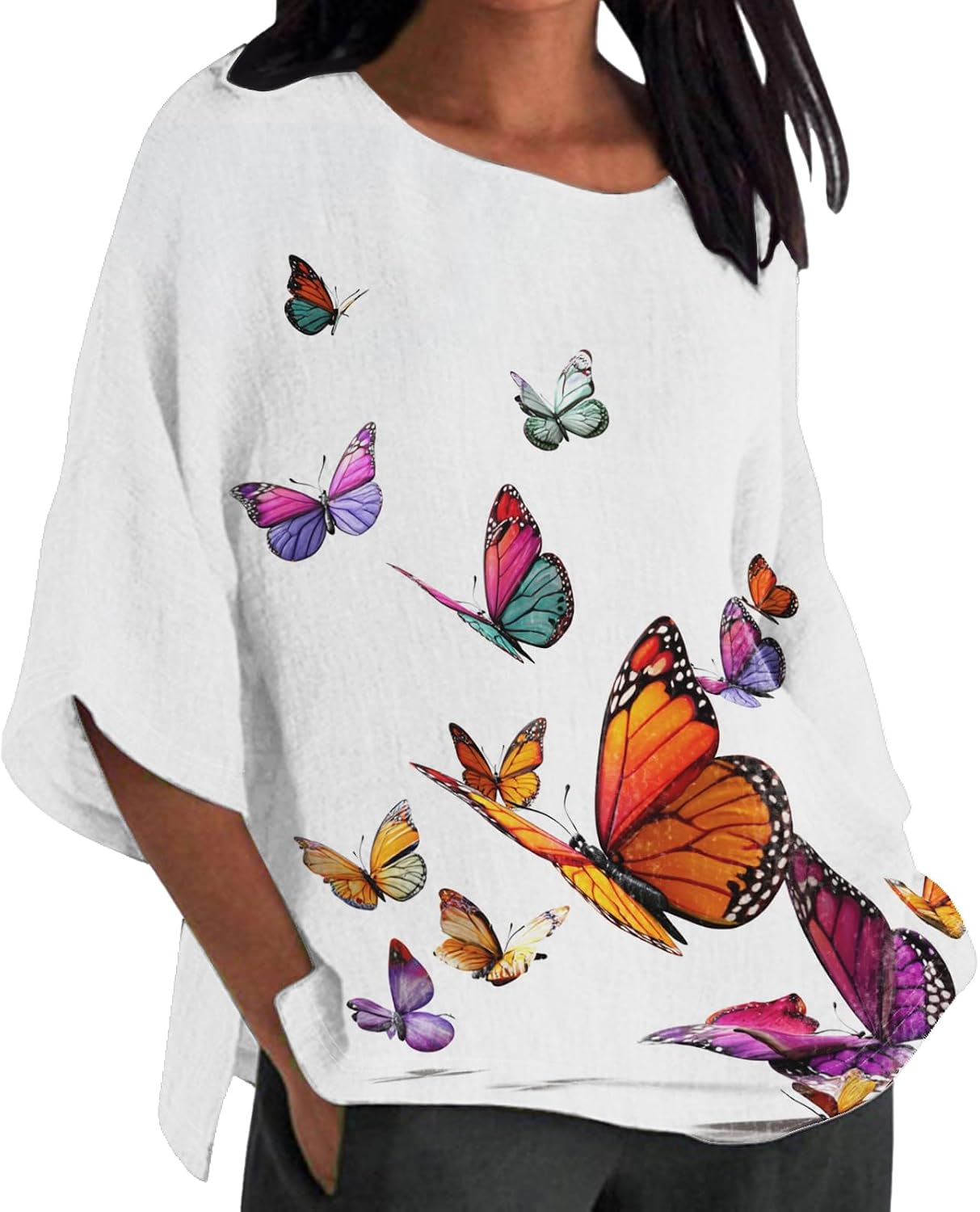 Womens 3/4 Sleeve Shirts Butterfly Print Boho Floral Blouses Crewneck Casual Side Split Summer Loose Fit Comfy Tops