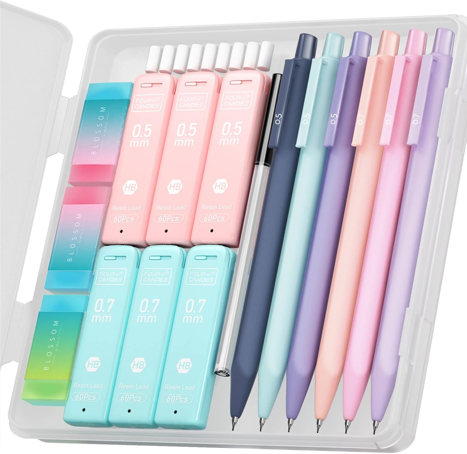 Four Candies Cute Mechanical Pencil Set, 6-Pack 0.5/0.7mm | 360 Lead Refills, 3 Erasers, 9 Eraser Refills, Storage Case, Back to School Supplies for Girls, Aesthetic Stationery