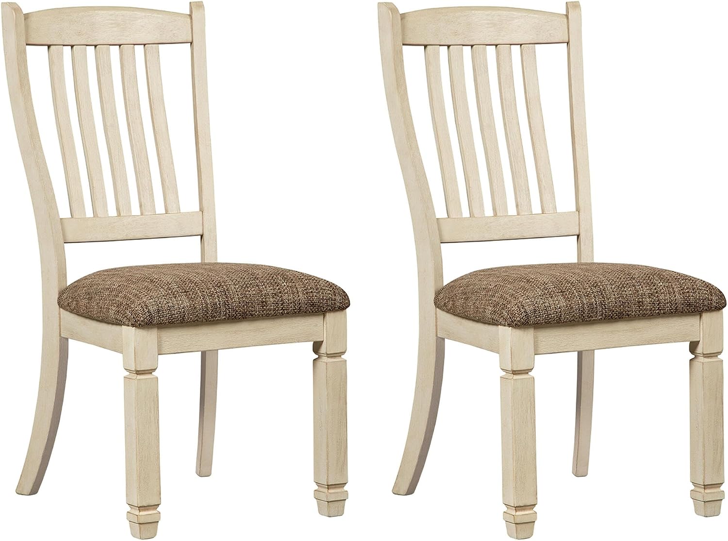 Signature Design by Ashley Bolanburg Upholstered Wood Dining Chairs, 2 Pack | Distressed antiqued white wood frame, Cozy textured polyester cushioned seats, 250 lb capacity for cottage-style dining