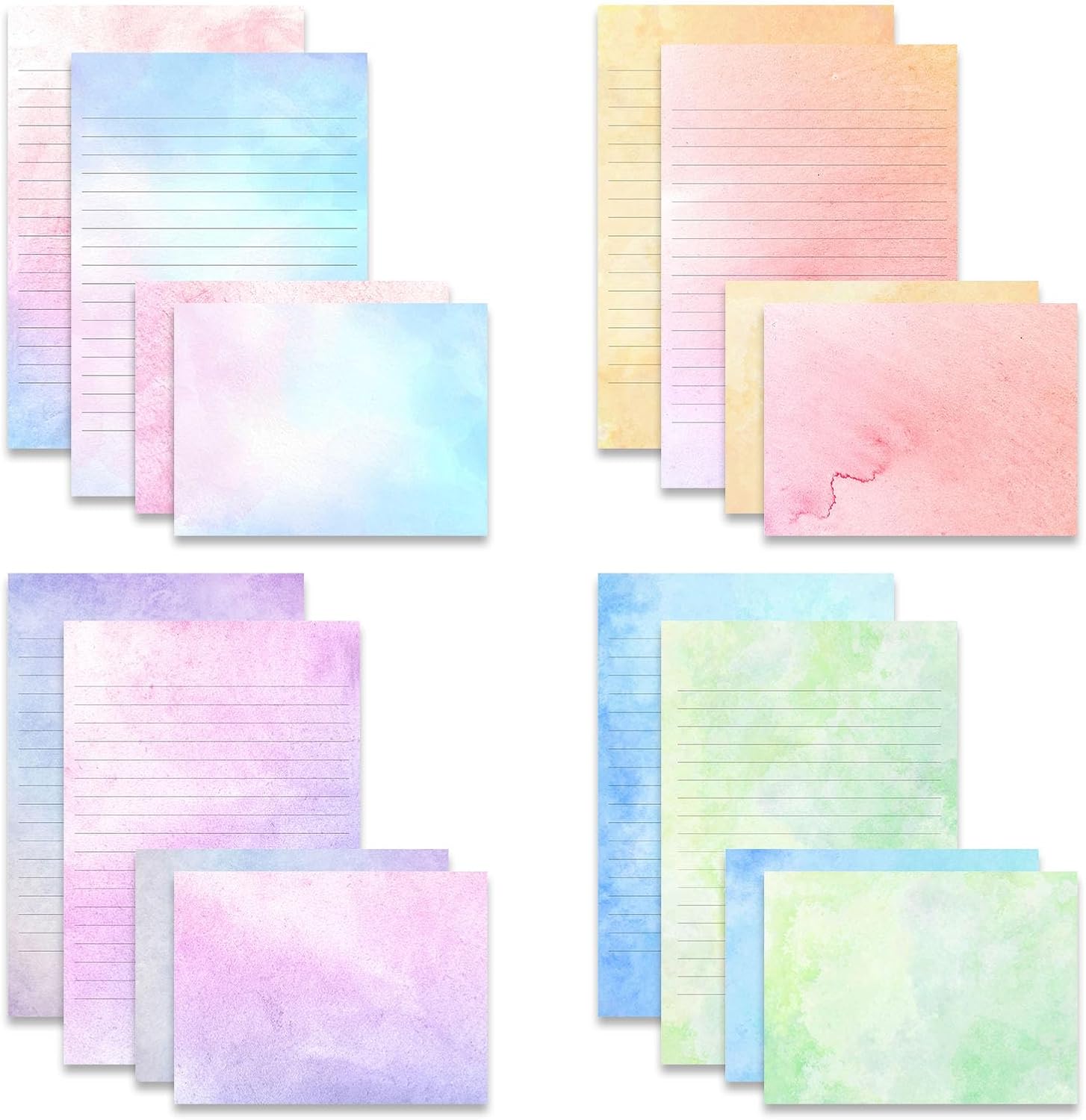 TEETOOKEA 72 Pieces Stationery Set with Envelopes (48 Lined Watercolor Sheets + 24 Matching Envelopes), 8 Unique Designs, 5.5 x 8.25 inch Double Sided Printing stationery paper for Letter Writing
