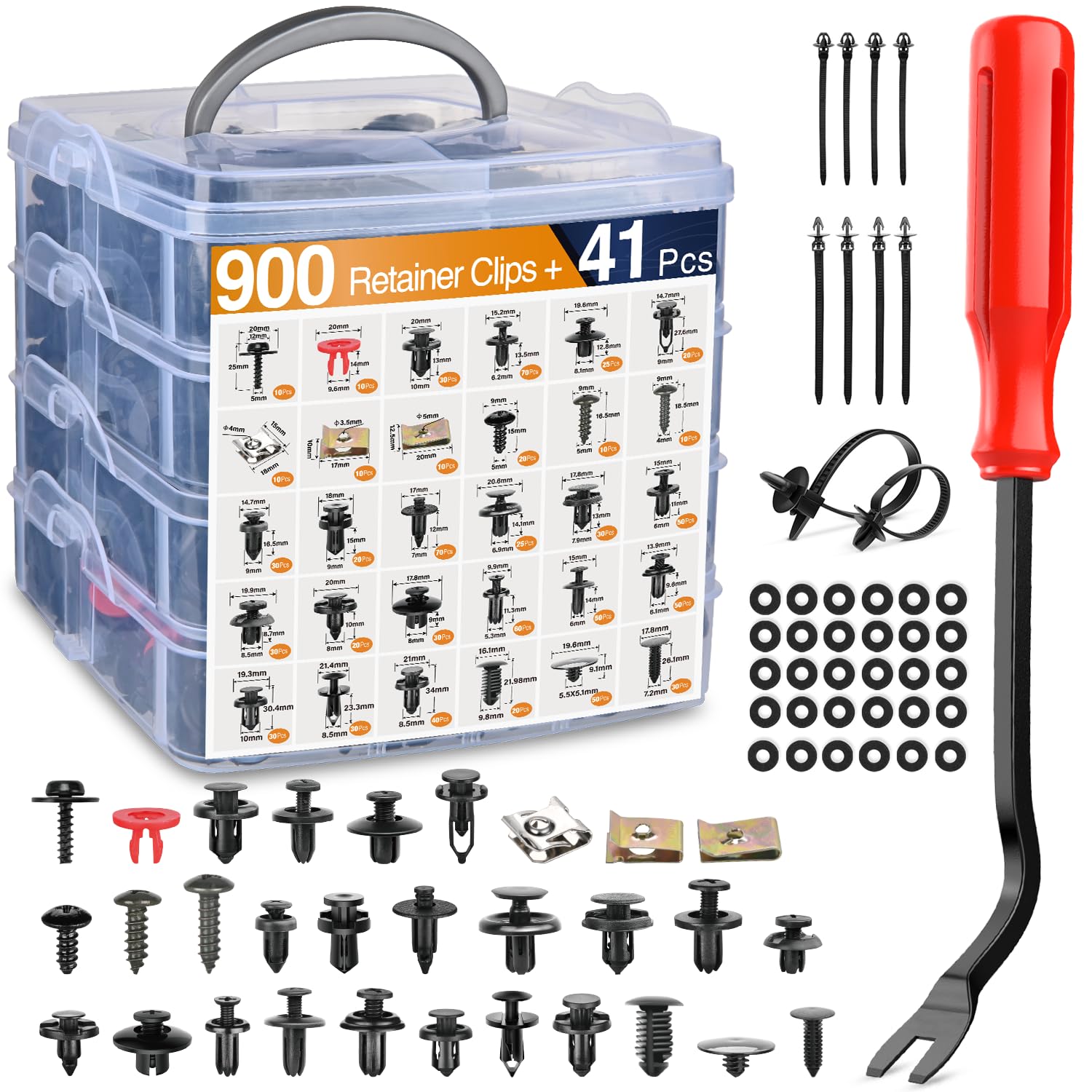 GOOACC 941Pcs Car Retainer Clips and Auto Body Fasteners Assortment | 30 Most Popular Sizes Nylon Bumper Fender Rivets with 10 Cable Ties for Ford GM Toyota Honda Chrysler Benz Nissan, etc.