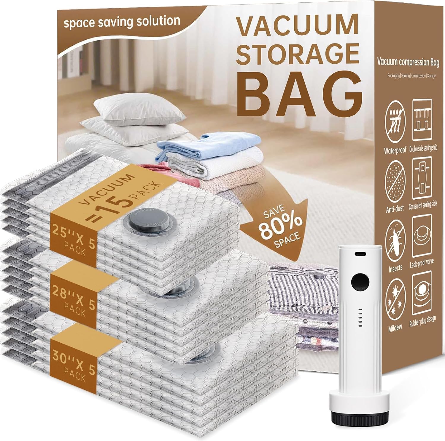 Vacuum Bags for Travel with Wireless Rechargeable Pump, 15 Pack Carry-on Size Compression Packing Seal Bags for Luggage and Suitcase, Space Saver Vacuum Storage Bags for Clothes and Clothing Travel