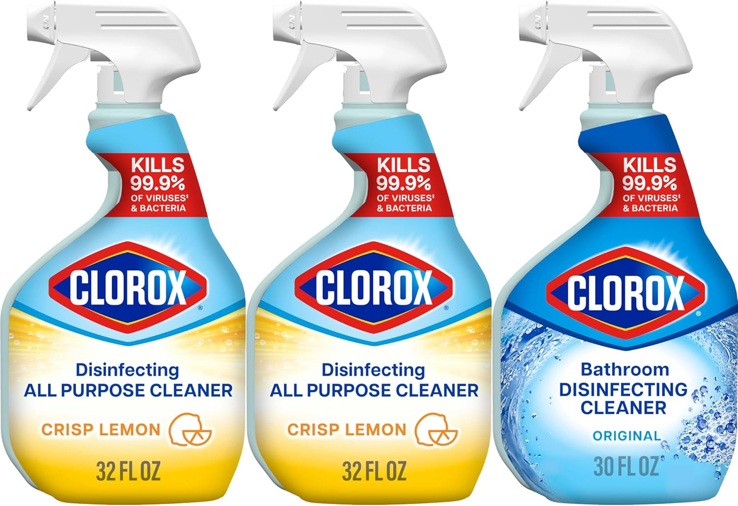 Clorox Disinfecting All-Purpose Cleaner 32 Oz and Bathroom Cleaner, Household Essentials, 30 Oz, Pack of 3