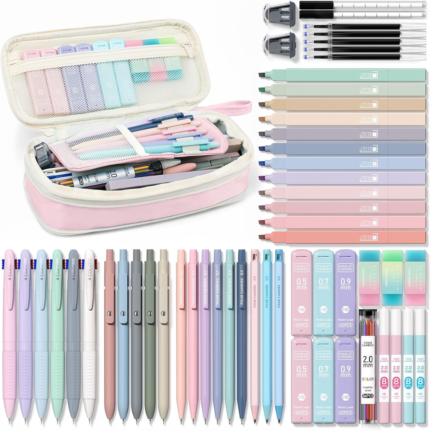 Four Candies 56PCS School Supplies with Pencil Case, Stationery Set, Pink | 6 Multicolor Pens, 12 Pastel Highlighters, 5 Gel Pens, 9 Mechanical Pencils, Back to School, College Essentials for Students