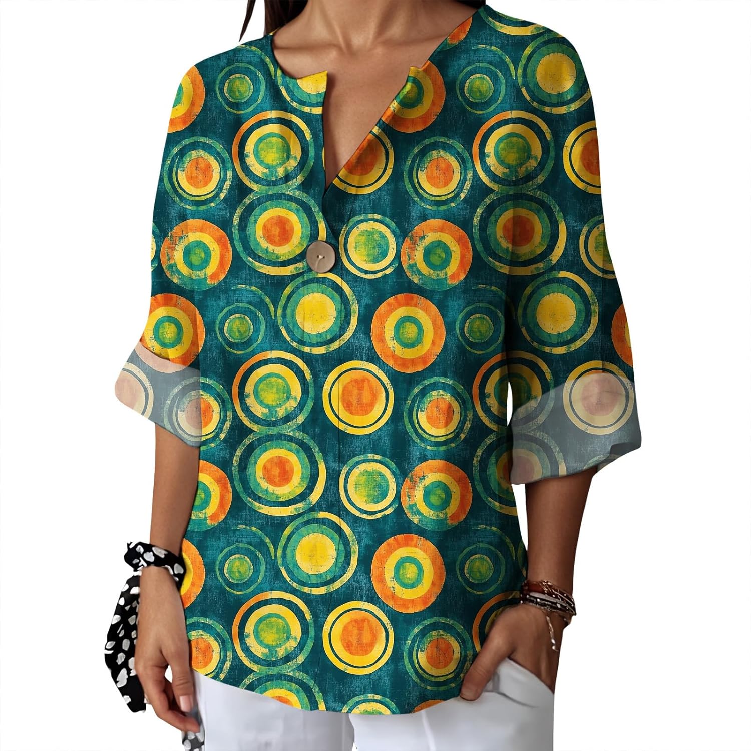 Womens Botanical Print V Neck Blouse Three Quarter Sleeve Loose Fit Casual Top for Spring Fall