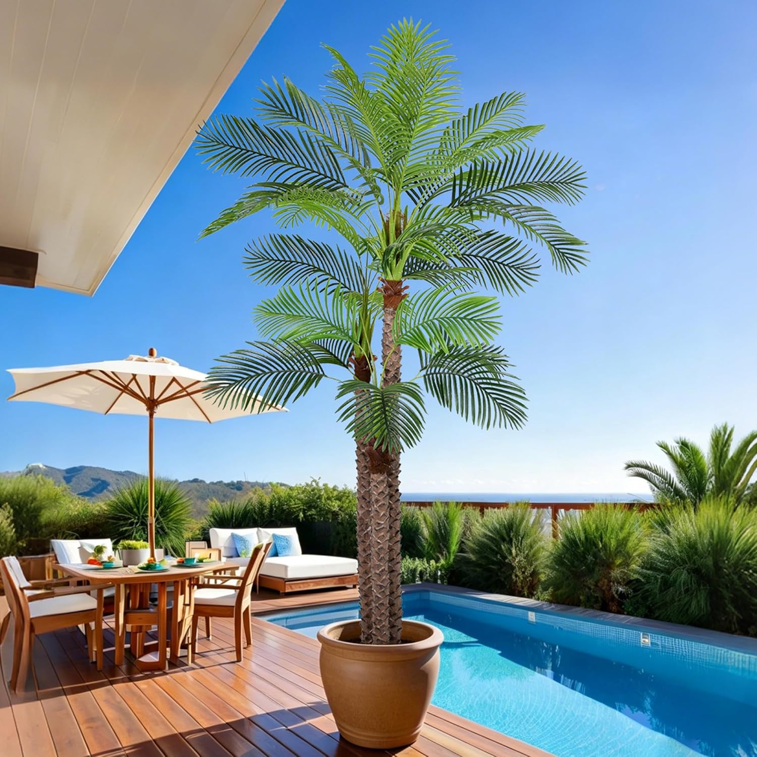 9ft Large Artificial Palm Tree for Outdoors Faux Triple Phoenix Palm with 31 Leaves,108 Inch Tall Fake Tropical Palm Tree for Patio,Poolside,Garden,Home Office Indoor Decor(9feet,1Pack)