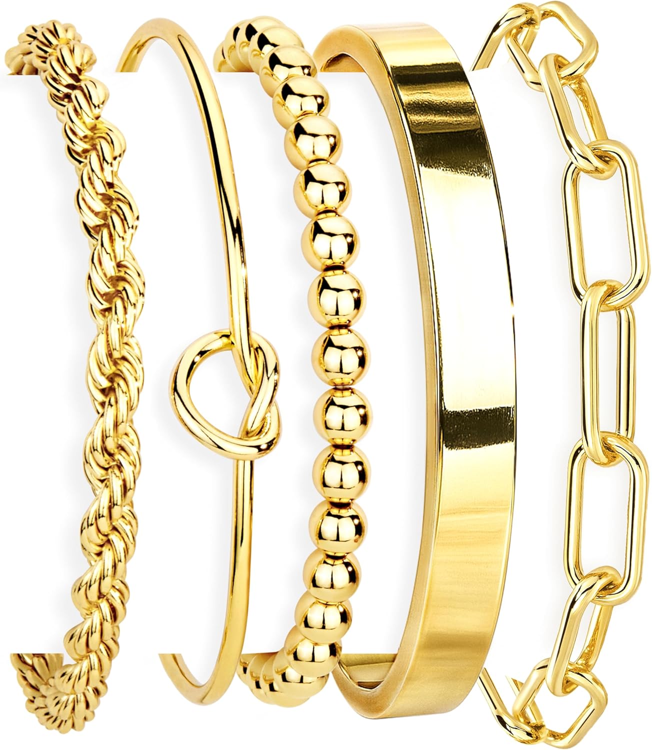 Gokeey Gold Bracelets Set for Women Non Tarnish, Waterproof 14K Gold Plated Sterling Silver Chunky Cuff Bracelet Stackable Gold Bangles Bracelet for Women Trendy Fashion Accessories Tie Knot Cuban Rop