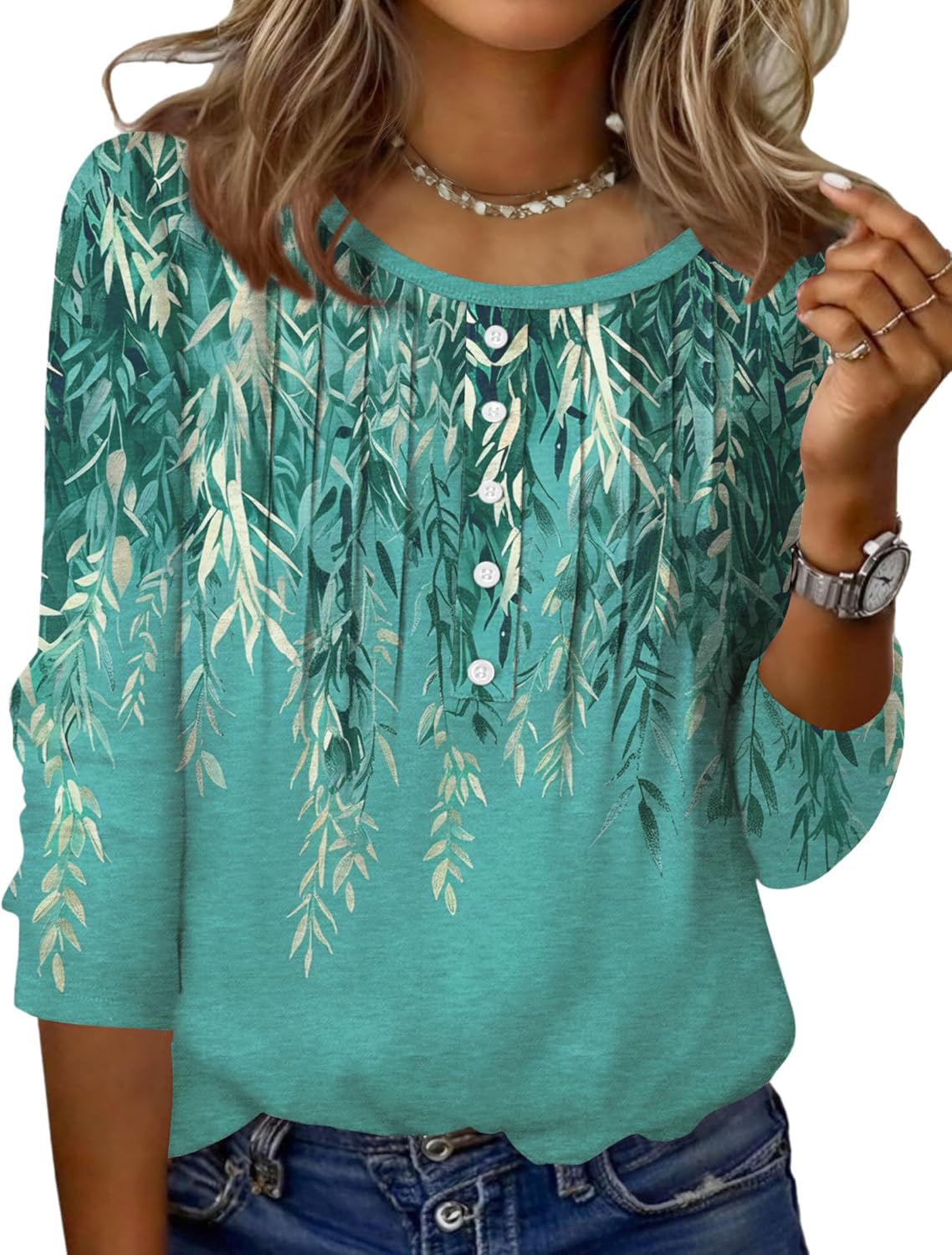 Zeagoo 3/4 Length Sleeve Womens Tops Round Neck Casual Summer Tunic Tops Basic Tees Blouses Dressy T-Shirts Pleated Shirts