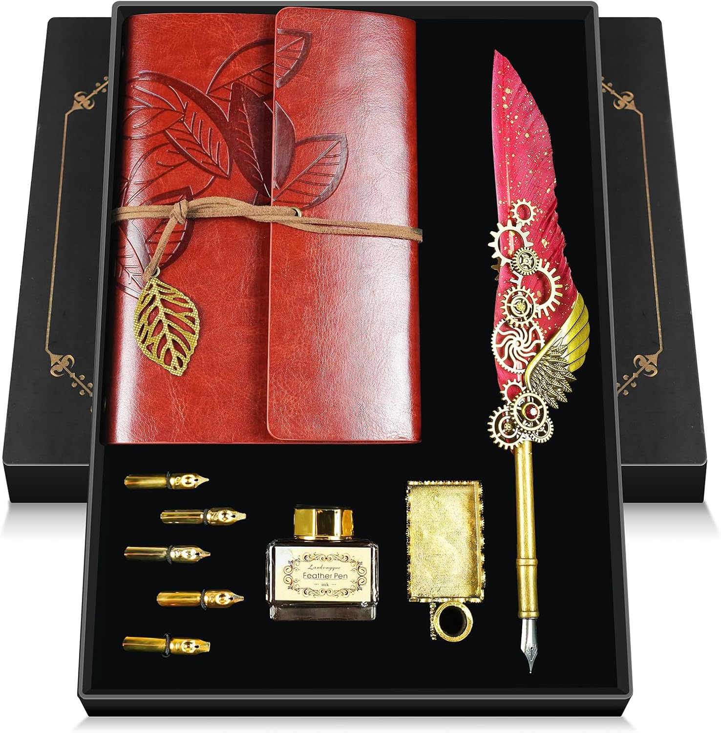 Feather Quill Pen and Ink Set,Calligraphy Set with Leather Journal Notebook | Feather Pen,5 Gold Nibs,Pen Holder,Ink,Antique Calligraphy Kits for Beginners Christmas Gift