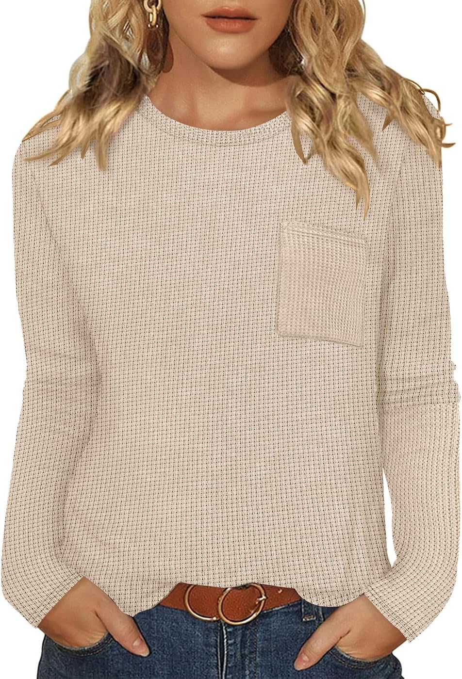 WIHOLL Long Sleeve Shirts for Women Waffle Knit Trendy Spring Fashion 2026 Dressy Casual Blouses Teacher Outfits