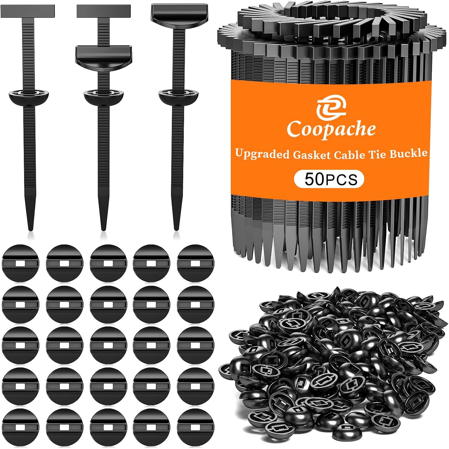 50-Pack Nylon Universal Cable Tie Buckle for Car, Automotive Zipper Clips | and Fasteners Heavy Duty, Upgraded Grip Auto Zip Ties Double-Sided Gear (Black 50 PCS (25 Spring Washer))