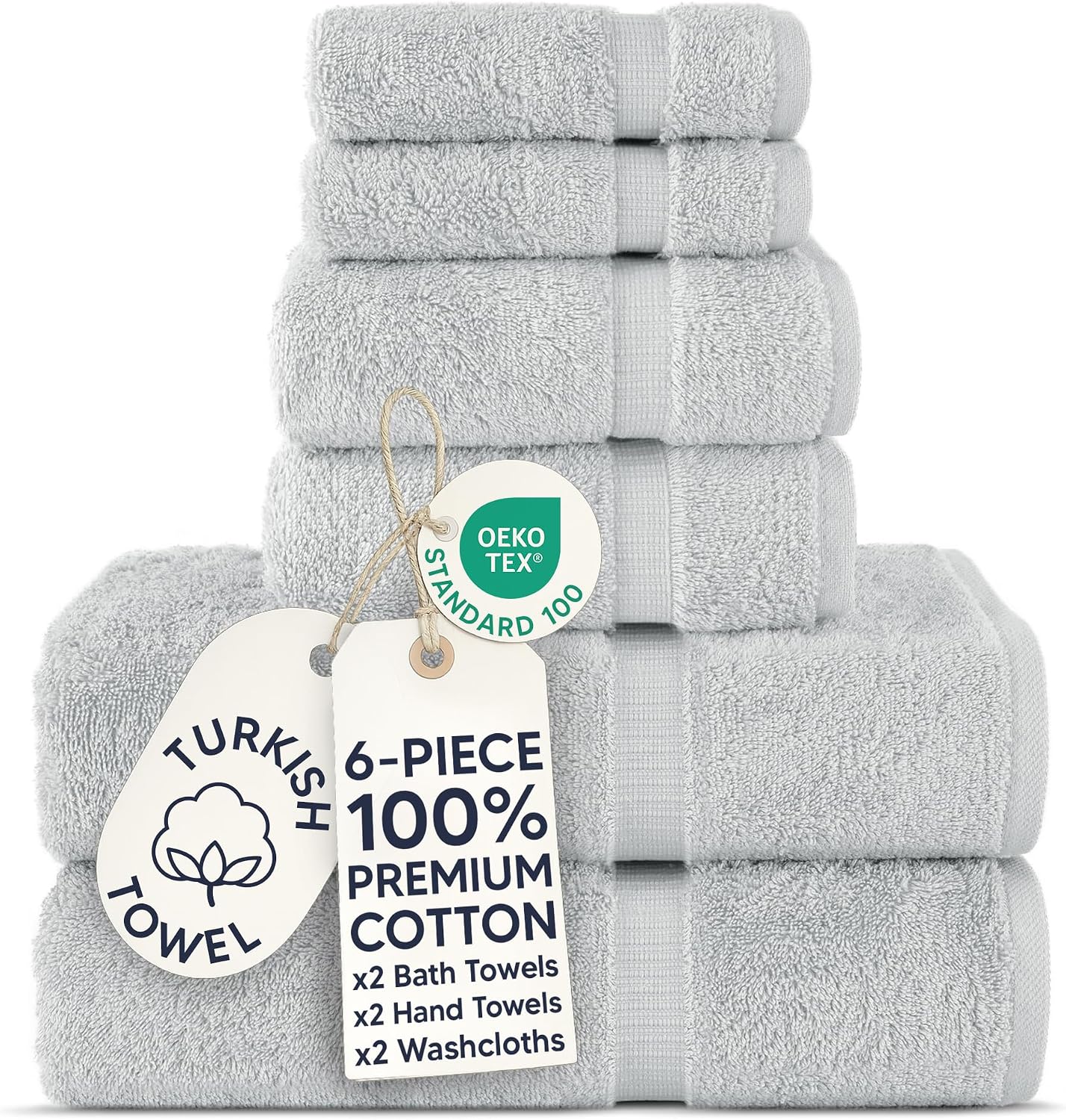 Chakir Turkish Linens 6 Piece Towels Set, 100% Cotton Luxury Turkish Towels for Bathroom, Soft Absorbent Bath Towel Set with 2 Bath Towels 2 Hand Towels 2 Washcloths, Silver Gray