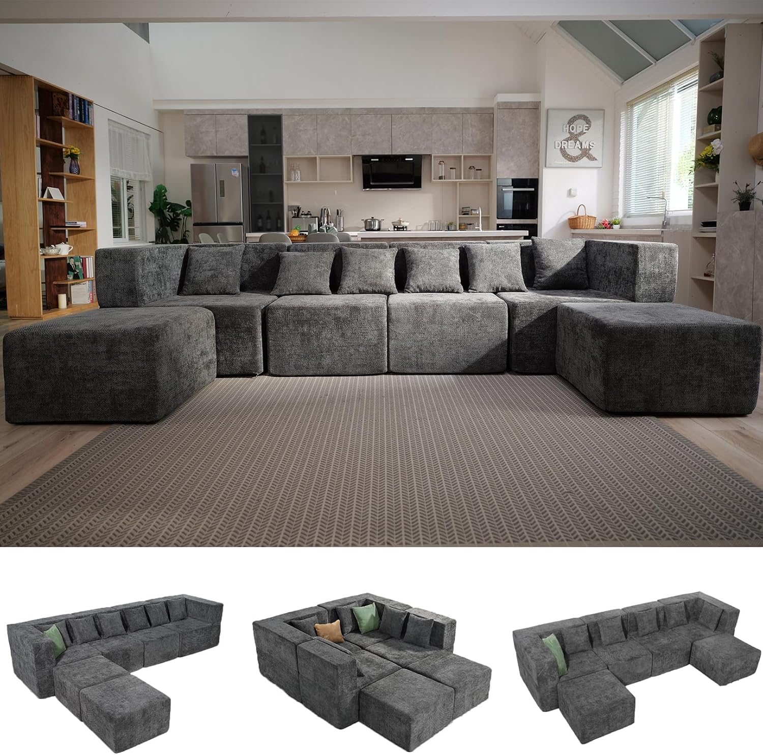MONVANE Modular Sectional Cloud Couch for Living Room - 130'' 6 Seater Convertible Chenille Couches Set with Ottoman, No Assembly Compression Sofas, Comfy Floor Sofa with Memory Foam, Grey