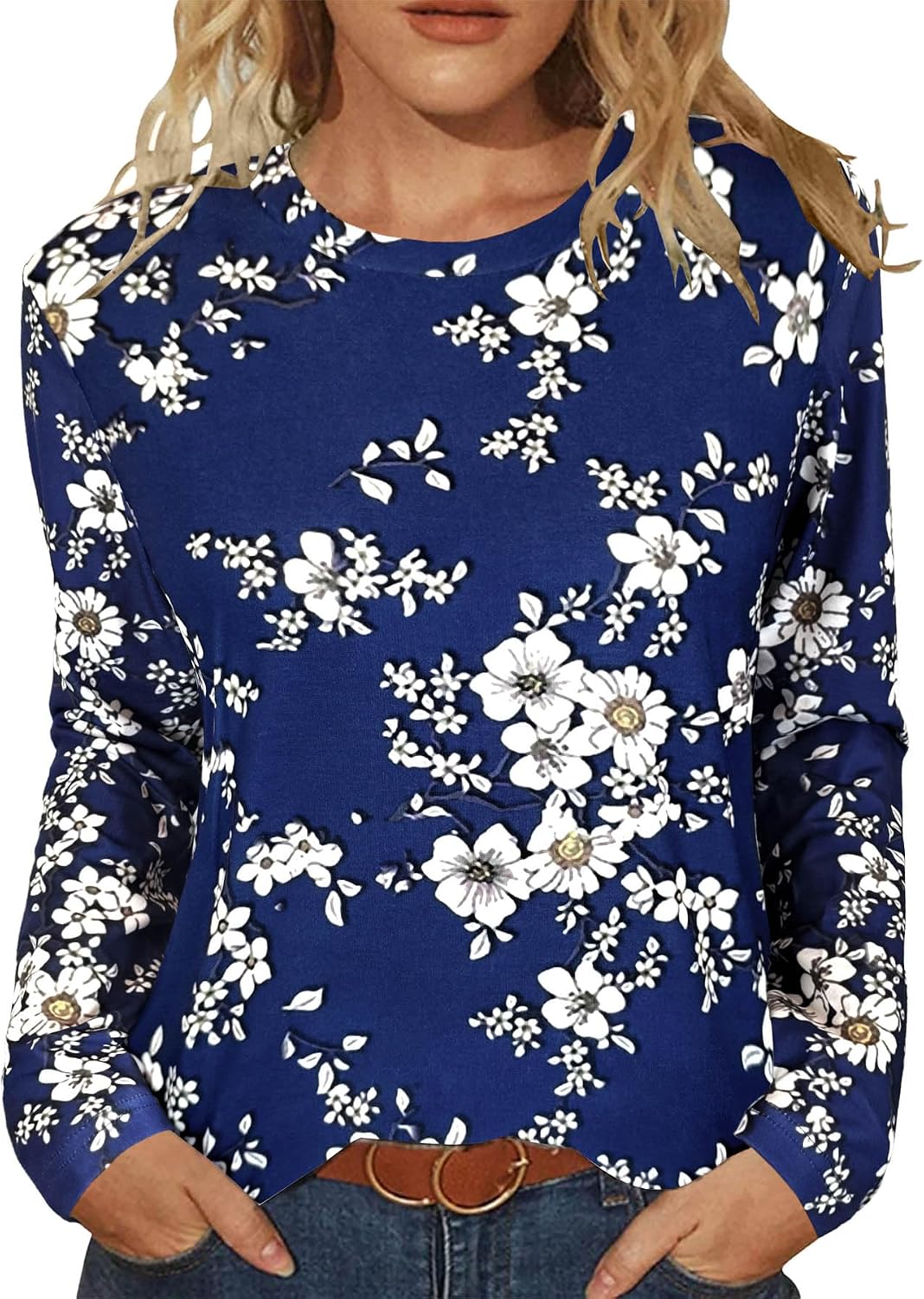 JomeDesign Womens Tops Long Sleeve Shirts Round Neck Loose Casual Blouses Floral Print Tshirts