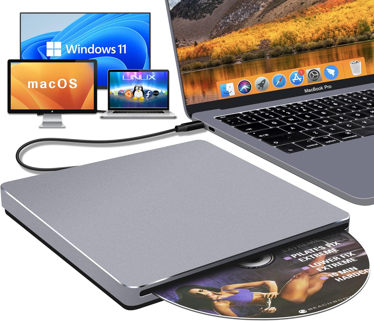 CD Drive External for Mac: USB C DVD Burner Player SuperDrive for Laptop Windows Apple Plug & Play High-Speed Data Backup with USB3.0 Adapter Aluminum(Grey)