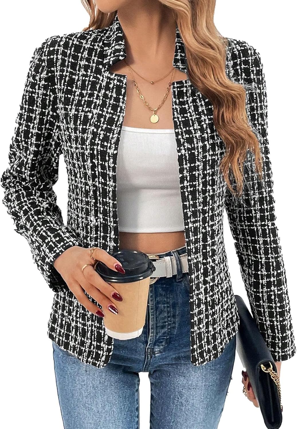 Mina Self 2026 Summer Women's Open Front Tweed Blazer - Lightweight Plaid Stand Collar Lined Casual Trendy Work Office Jacket