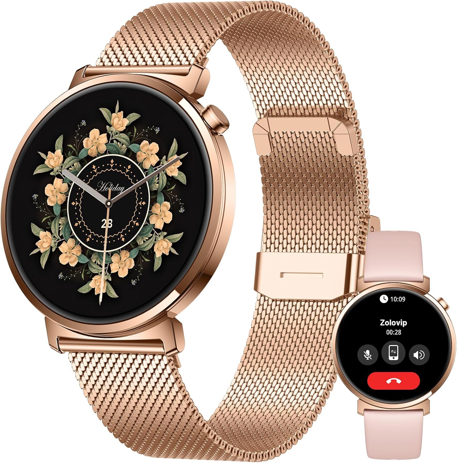 Smart Watch for Women, 7.9mm Ultra Thin 1.32" AMOLED Screen, Bluetooth Calling, Fitness Tracker for Android iPhone, Heart Rate Sleep Monitor, IP68 Waterproof, 2 Straps, Rose Gold Gift