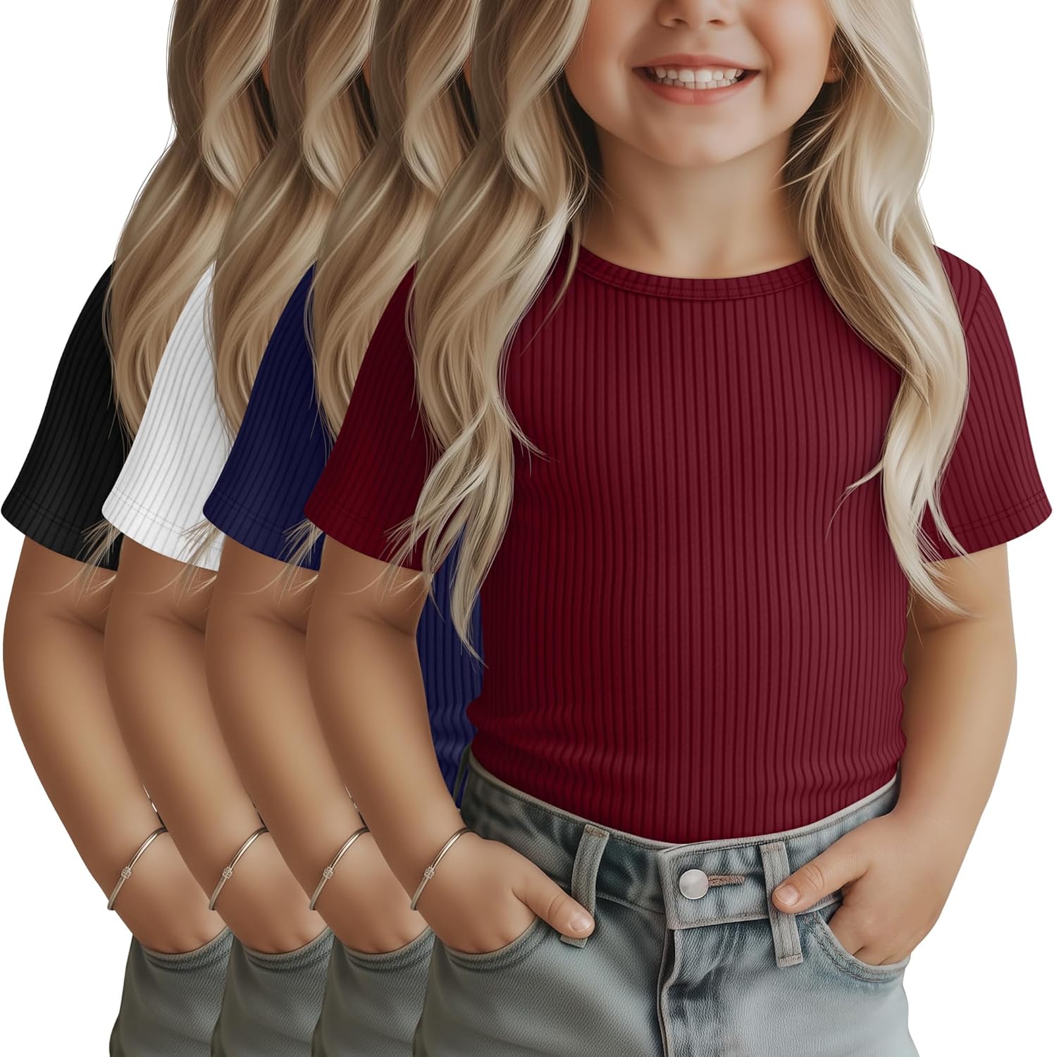 4 Pack Toddler Girls Shirts | Short Sleeve, Cotton Ribbed Knit, Crew Neck Tops, Slim Fit, Summer Basic Tees, Breathable, Soft,Daily School Wear