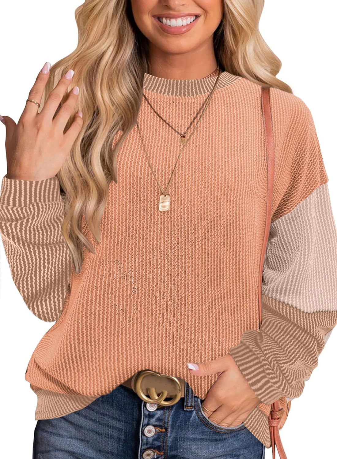 Fayenne Long Sleeve Shirts for Women Fall Fashion Crewneck Color Block Knitted Cute Tops Work Fall Clothes Trendy