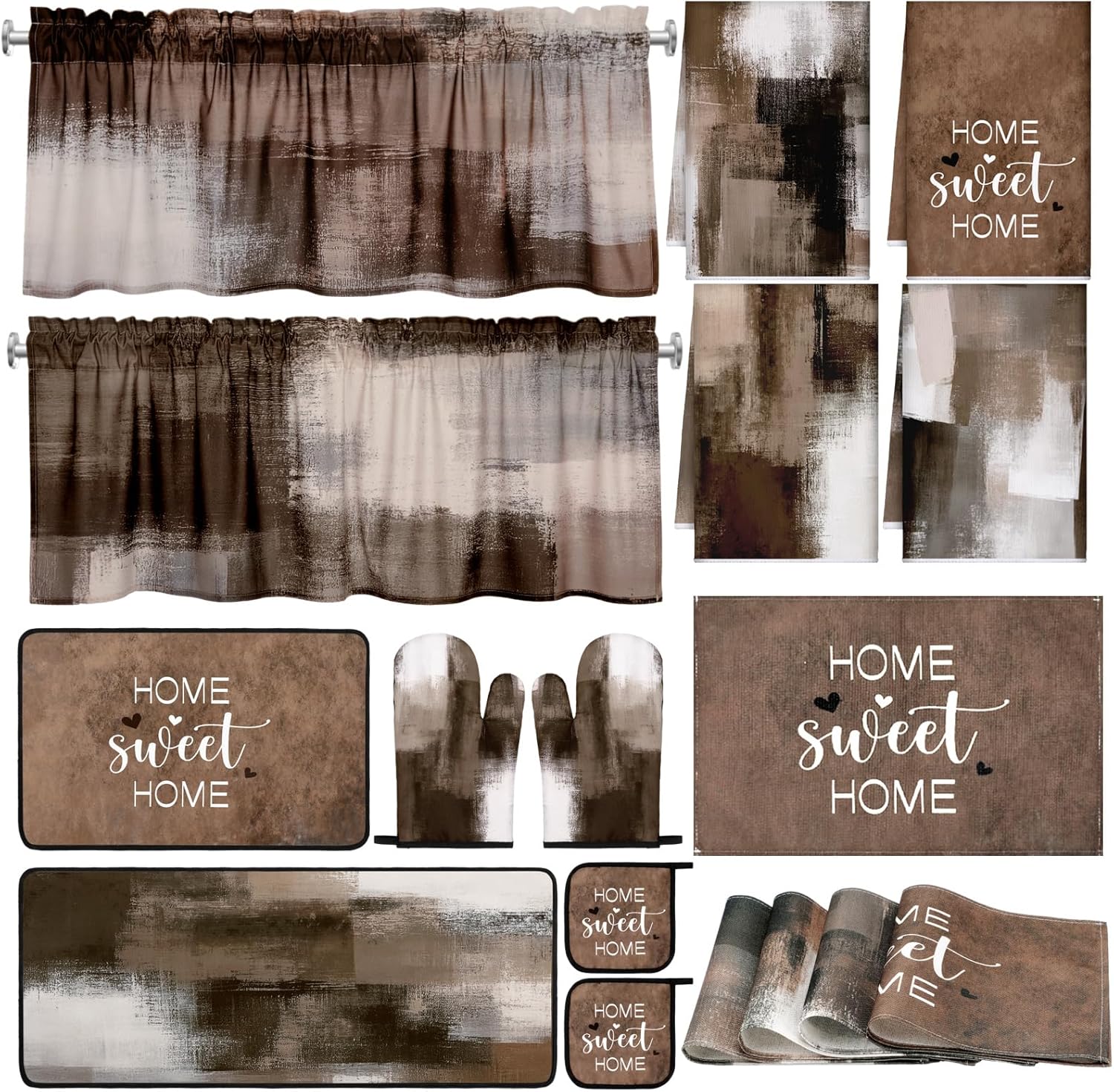 16 Pcs Abstract Art Kitchen Decor Set 4 Brown Kitchen Towels 2 Non Slip Rugs and Mats for Floor 2 Modern Oven Mitts Gloves 2 Pot Holders 4 Placemats 2 Art Abstract Curtains for Home Decoration Gift