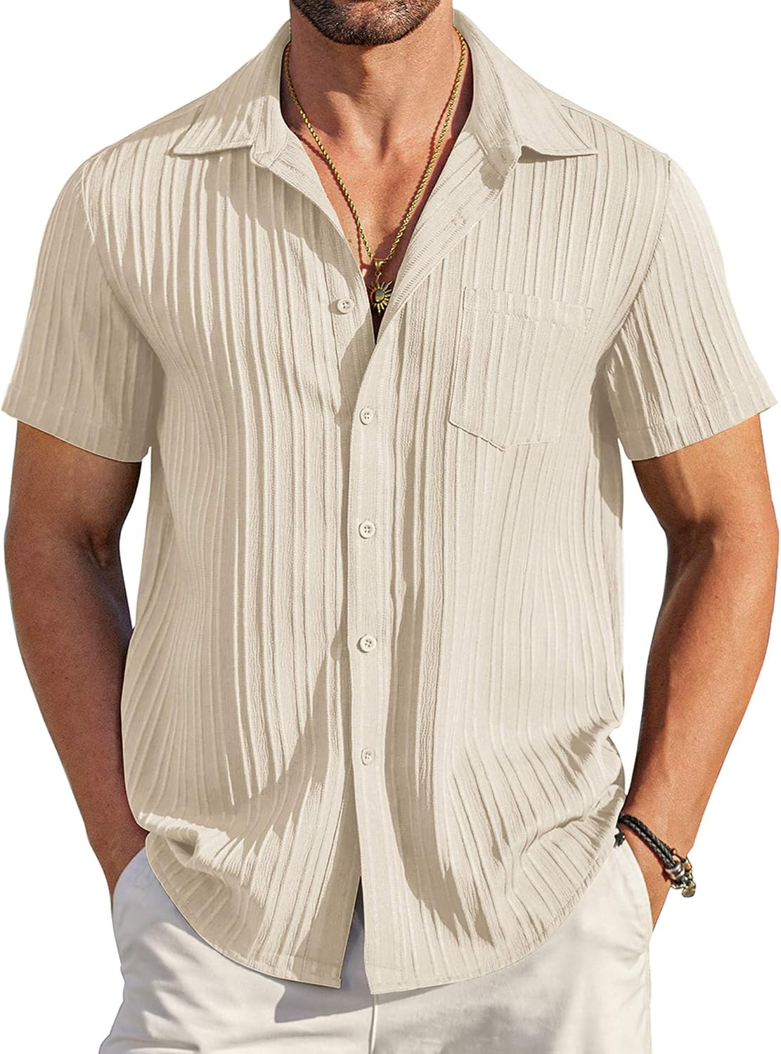 COOFANDY Men's Casual Button Down Shirts Short Sleeve Textured Summer Beach Shirt with Pocket