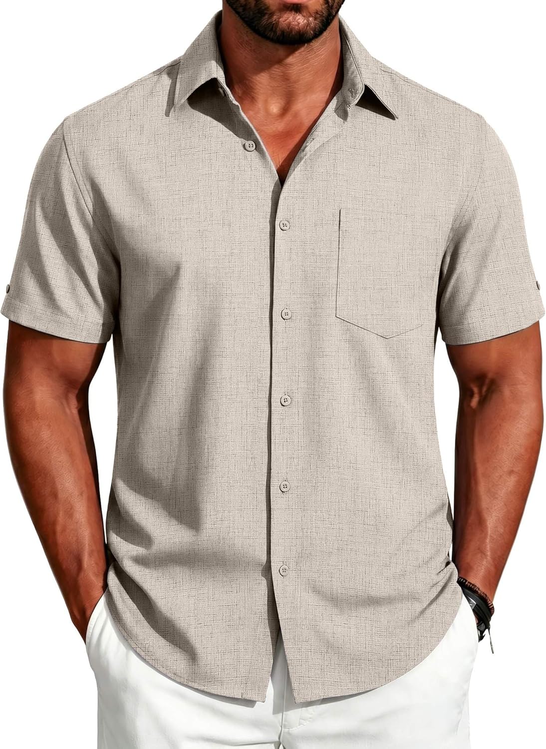COOFANDY Men's Button Down Shirts Short Sleeve Casual Shirts Summer Beach Linen Shirts with Pocket