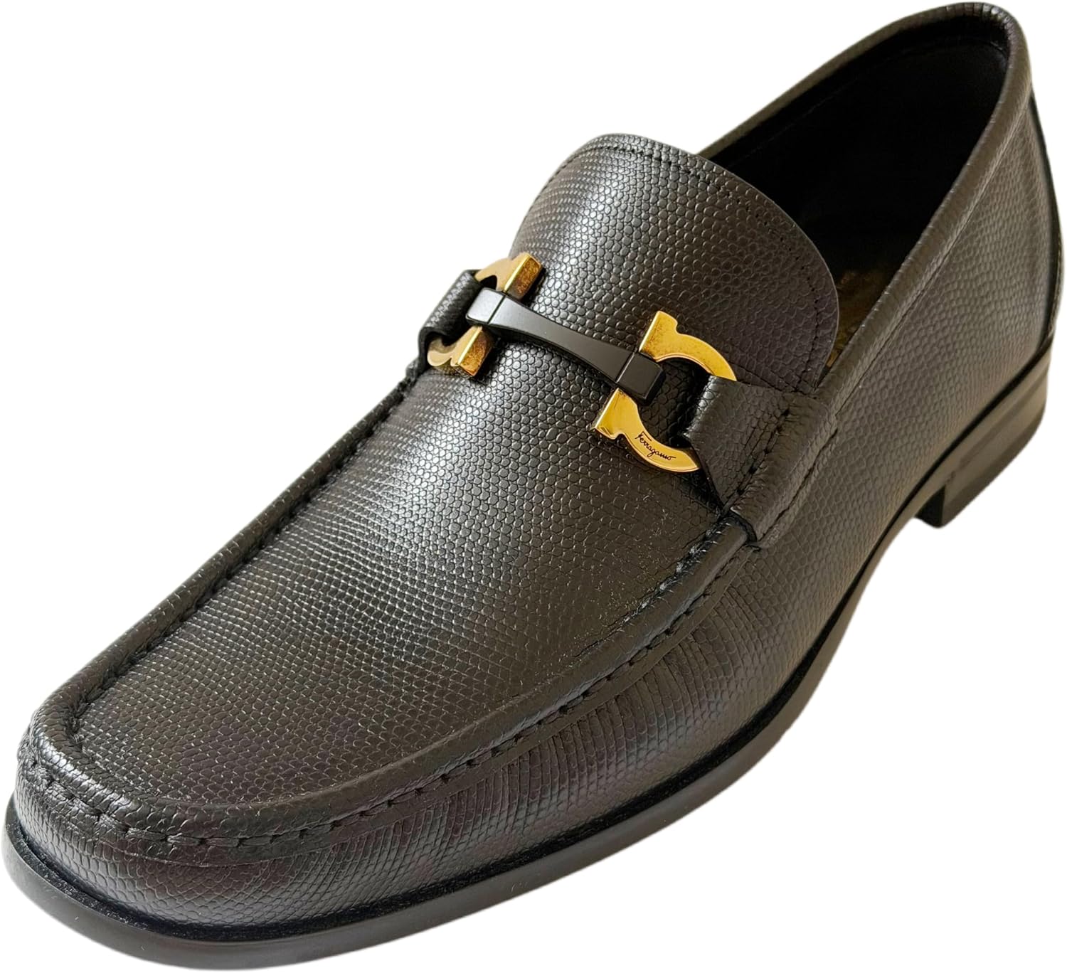 Ferragamo Grandioso2 Gancini Bit Pebble Black Leather Men's Loafers