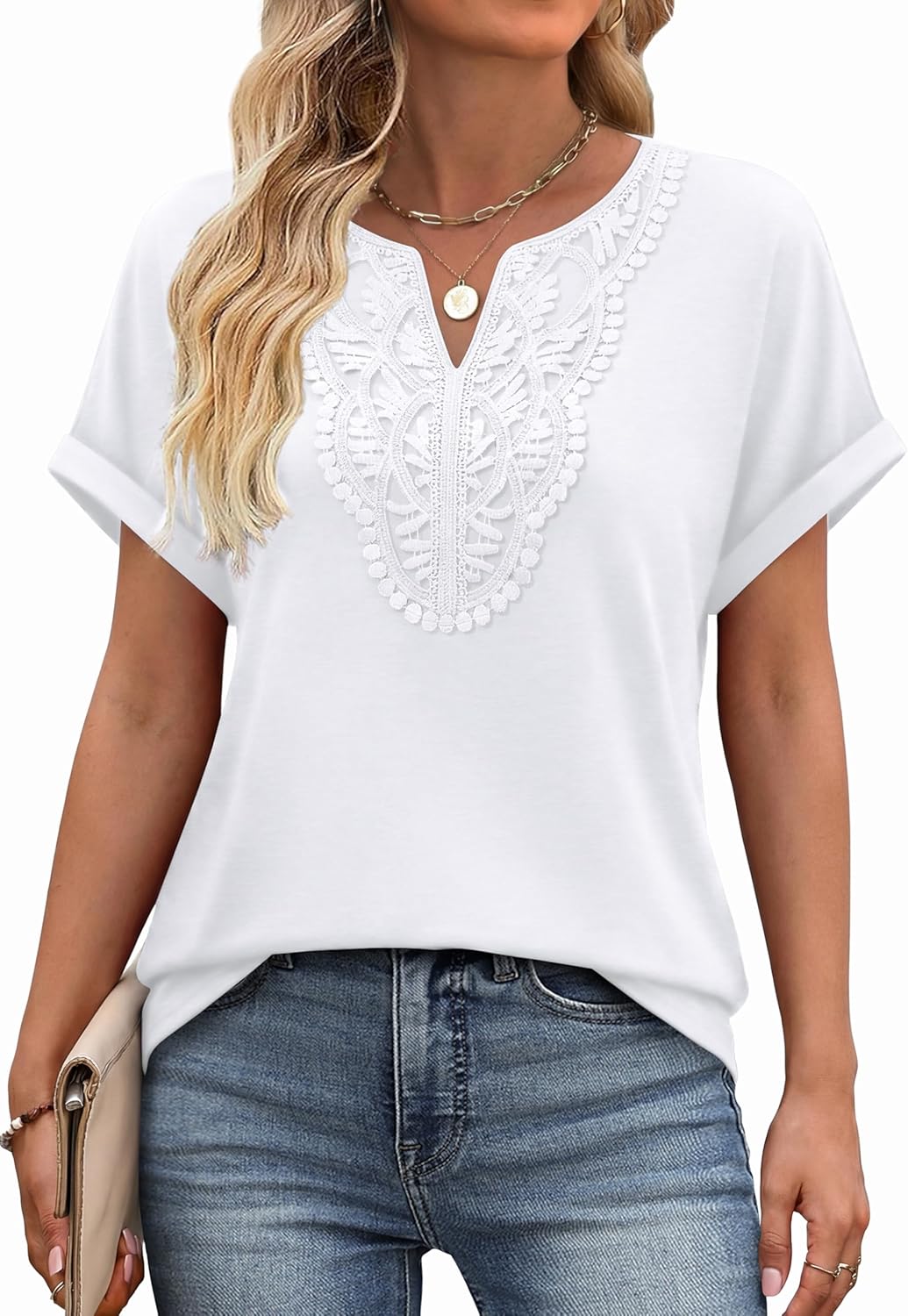 Sipaya Womens Blouses Dressy Casual Summer Shirts Short Sleeve Lace Front Boho Tunic Tops for Leggings Fashion Clothes