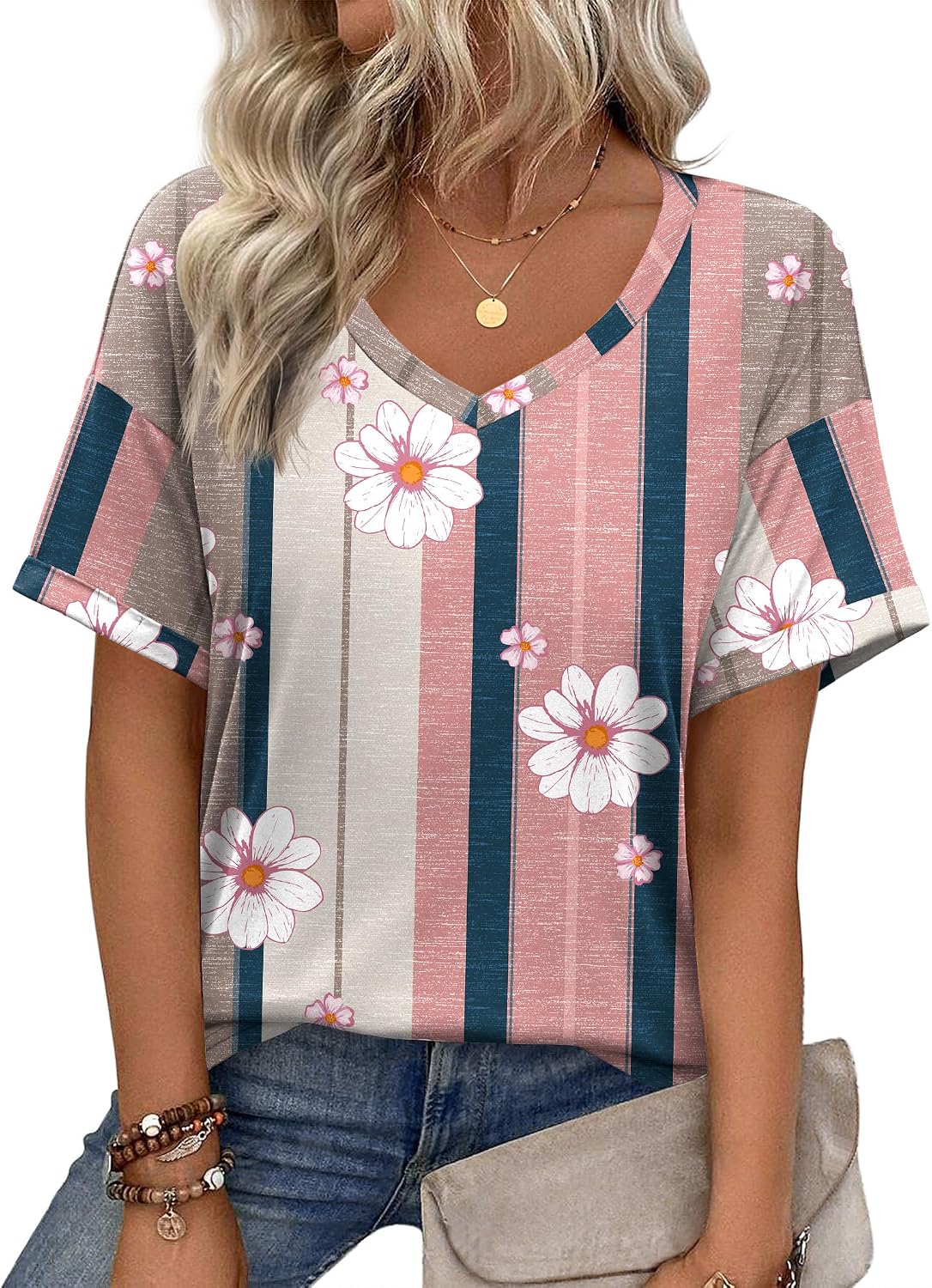 Zeagoo Womens Summer Tops Short Sleeve Work Casual Shirts Trendy V Neck Tee | Fashion boho floral blouses, cute striped tops, basic tshirt