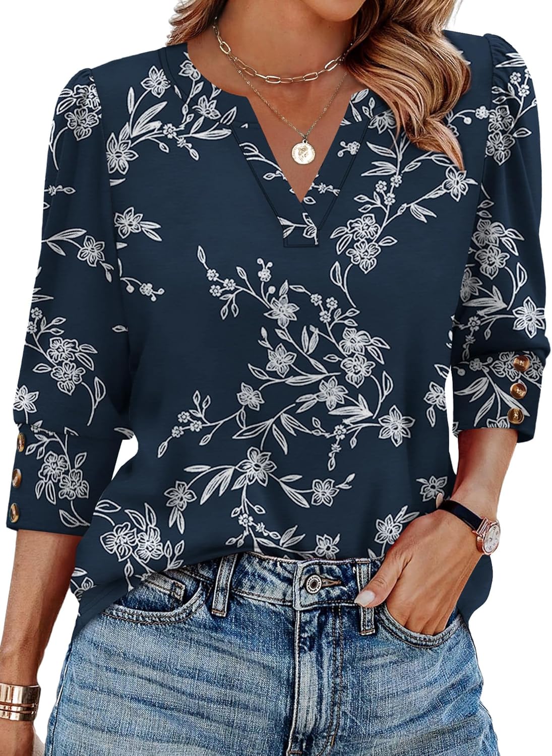 WIHOLL 3/4 Length Sleeve Womens Tops with Button Cuffs Dressy Casual V Neck Summer Outfits Early Fall Fashion Spring Clothes