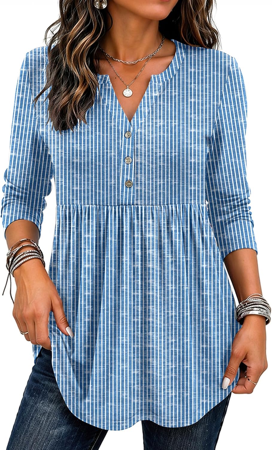 Zeagoo Women Blouses Long Sleeve Shirts Boho Henley V Neck Tops Business Casual Loose Pleated Fashion Clothing