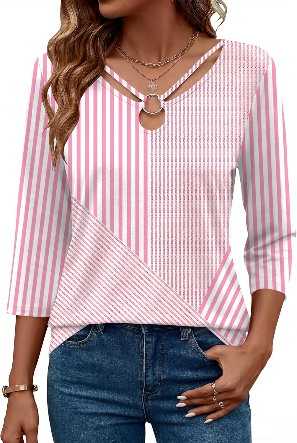 Rapbin 3/4 Length Sleeve Womens Tops Summer Cut Out Ring Keyhole Neck Dressy Casual Crew Neck Tee Shirts 2026