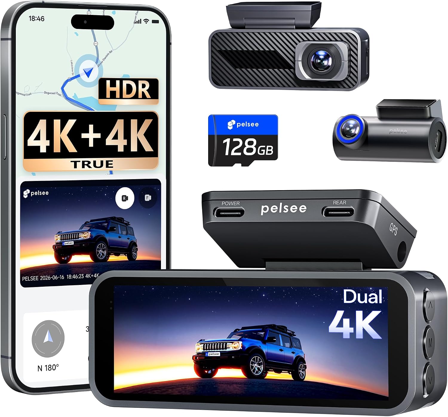Pelsee S1 Pro Native 4K + 4K Dash Cam Front and Rear, 128GB Card Included | Dual HDR Dash Camera for Cars with 5G WiFi 30MB/s Download, GPS, Voice Control, Full Color Night Vision, 24H Parking Monitor