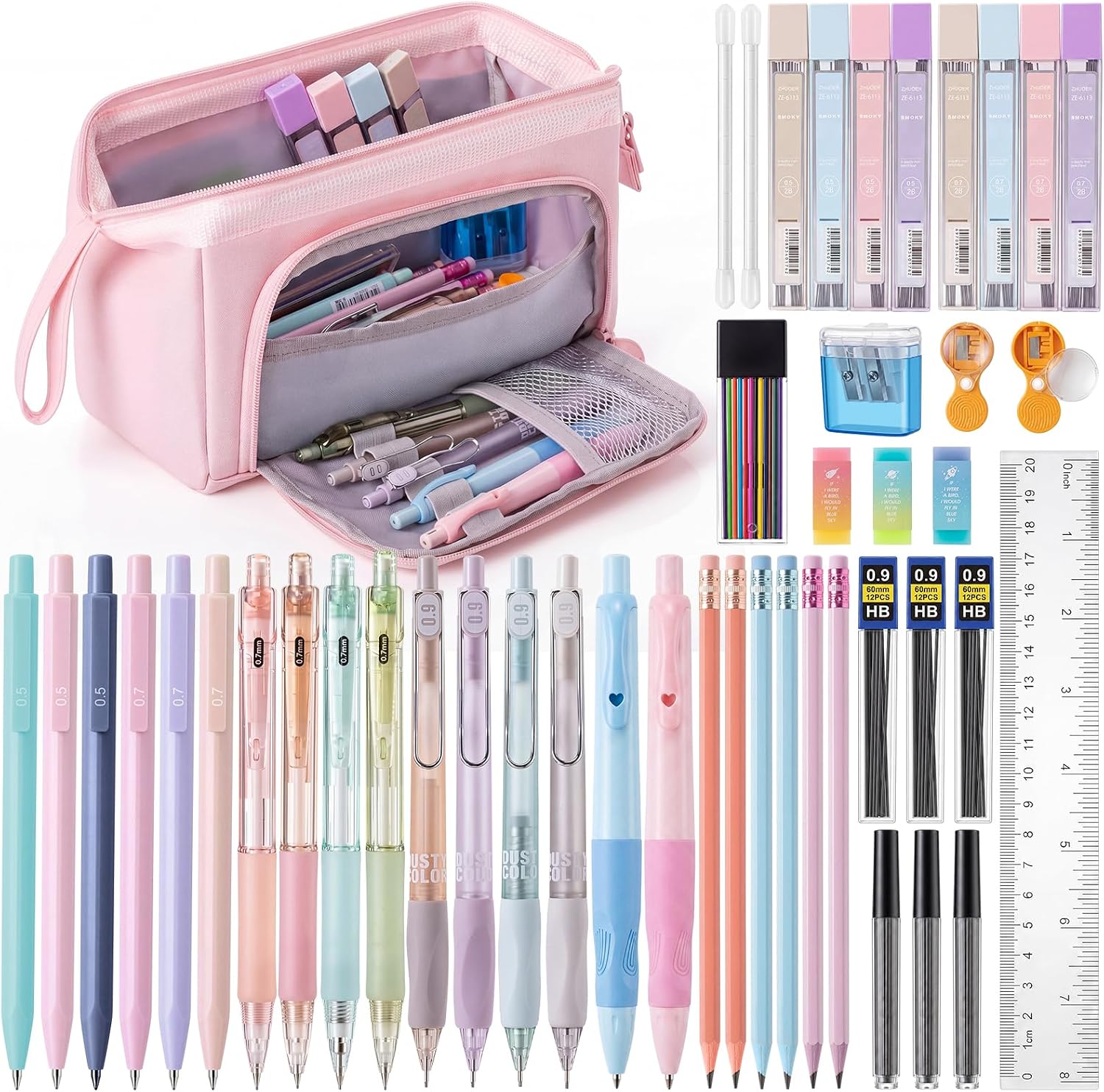 Eersida 47 Pcs Aesthetic School Supplies with Cute Pen Case, Mechanical Pencils 0.5mm, 0.7mm, 0.9mm & 2.0mm with Leads and Eraser Refills, Wood Pencils #2, for Writing, Drawing & Drafting (Pink)