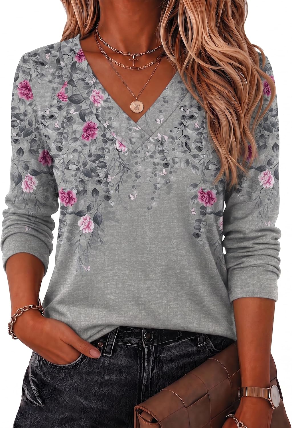 Zeagoo Women Long Sleeve Tops Dressy Casual V Neck Tshirts Basics Tee Spring Summer Trendy Clothes S-2XL