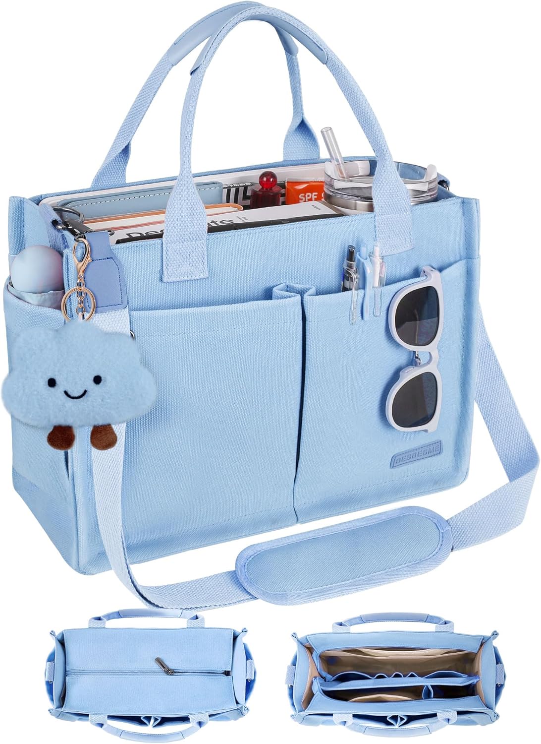 BESBESME Canvas Tote Bag for Women with Zipper, Work Laptop Purse with Compartments & Luggage Sleeve, Adjustable Strap