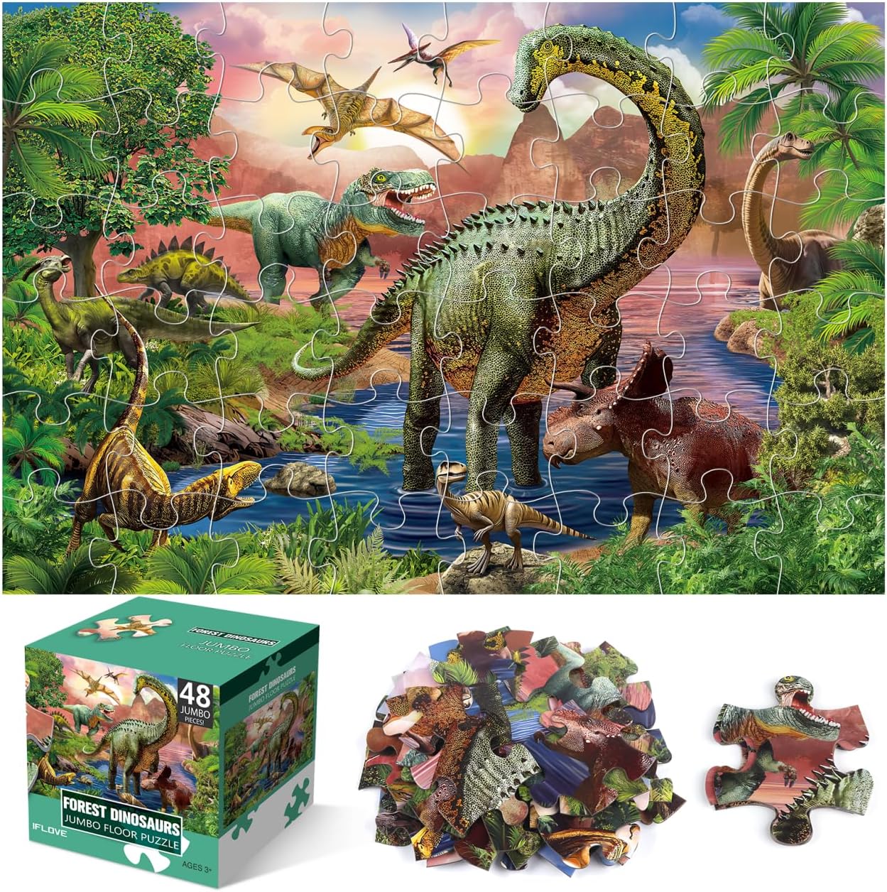 Jumbo Floor Puzzle for Kids,48 Piece Forest Dinosaur Jigsaw Puzzle Ages 3-8 | Thick Cardboard Forest Dinosaur Puzzle for Preschool Learning,Toddlers Ages 3-8,35x24 in Completed,Gift for Boys and Girls