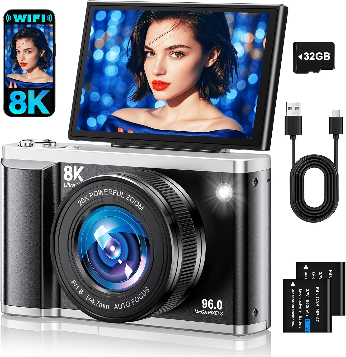 8K Digital Camera for Photography with WiFi 96MP Autofocus Vlogging Camera for YouTube Video 3.5'' 180°Flip Screen 20X Zoom Anti-Shake Compact Point and Shoot Cameras for Beginner Creator with SD Card