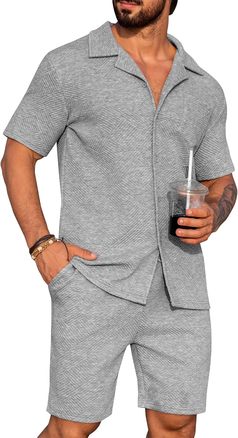URRU Mens 2 Piece Outfits Summer Casual Texture Beach Short Sleeve Button Down Shirts and Shorts Set with Pocket