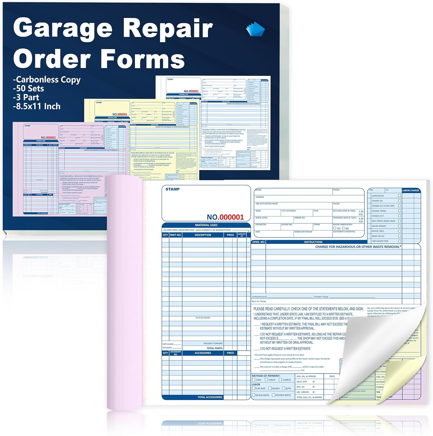 100 Sets 3 Part Auto Repair Order Forms 8.5x11 Inch Garage Repair Order Forms Carbonless Duplicate for Auto Repair Shops and Independent Mechanics (2)