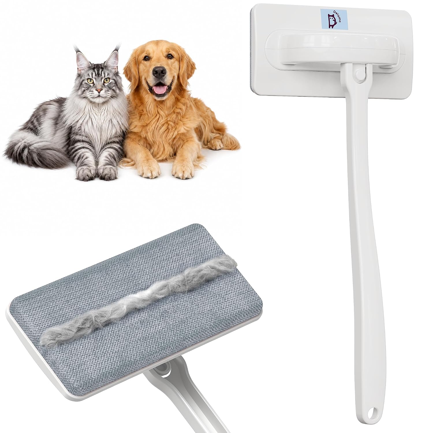 DELOMO Reusable Pet Hair Remover Brush for Furniture, Dog & Cat Fur Remover | Electrostatic Lint Brush with Detachable Handle and XL Head for Fast Pet Hair Cleanup on Couch, Carpet, Pet Bed & Bedding